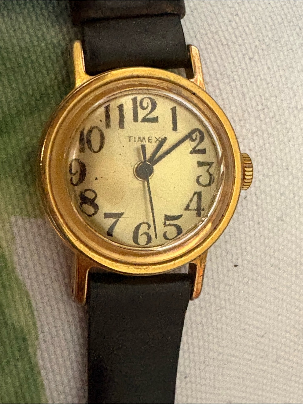 Timex Gold Tone Analog Watch with Black Strap and Cream Dial